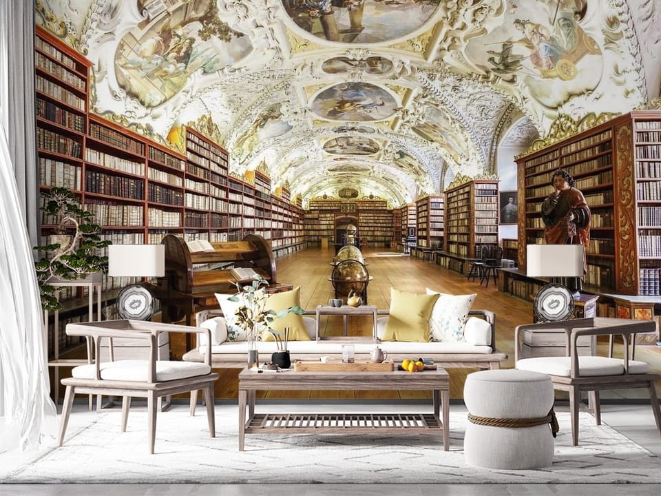 Fototapeta przedstawiająca bibliotekę z freskami, regałami i globusami - widok na ścianę w salonie