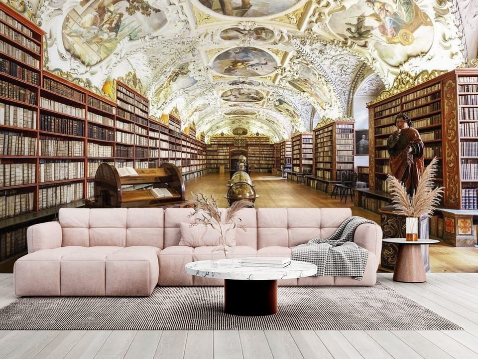 Fototapeta przedstawiająca bibliotekę z freskami, regałami i globusami - salon w jasnych kolorach
