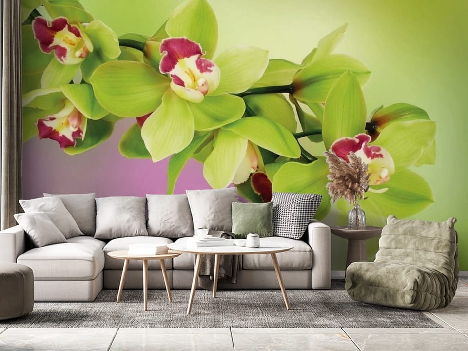 Fototapeta z zielonymi orchideami i różowymi wnętrzami na gałęzi - nowoczesny salon z różnymi dodatkami