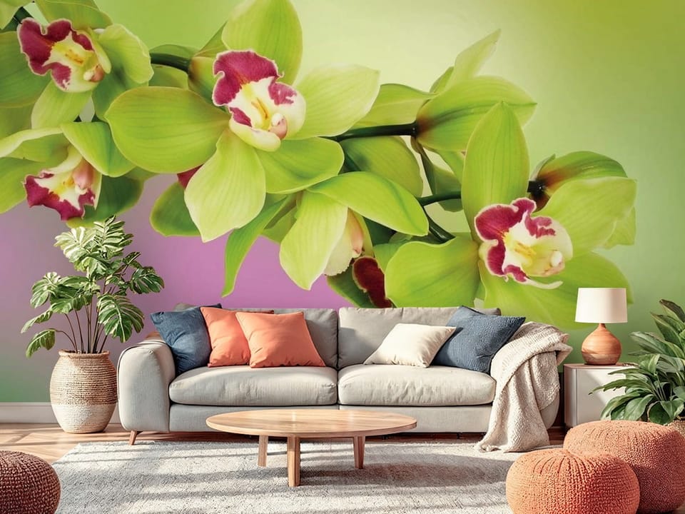 Fototapeta z zielonymi orchideami i różowymi wnętrzami na gałęzi - nasłoneczniony salon