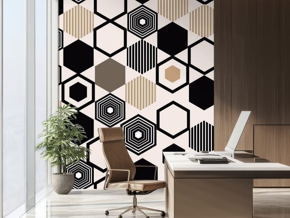 Fototapeta z geometrycznym wzorem heksagonów na jasnym tle - nowoczesna ściana w biurze