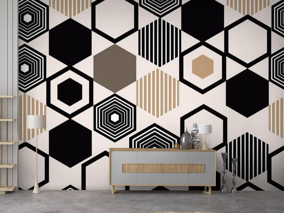 Fototapeta z geometrycznym wzorem heksagonów na jasnym tle - przedpokój w bloku z pomysłowym wnętrzem