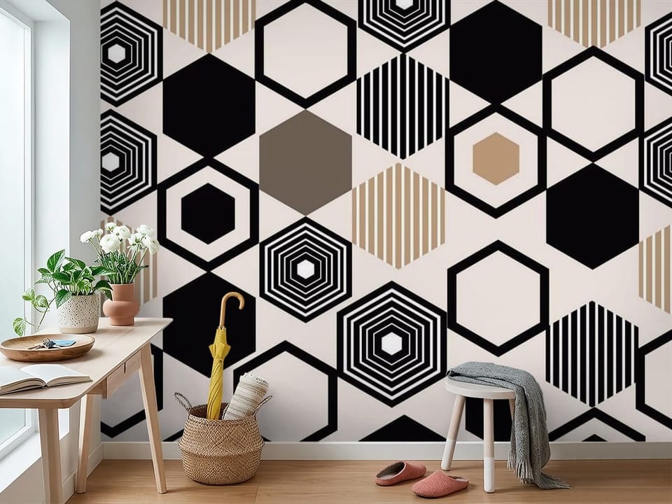 Fototapeta z geometrycznym wzorem heksagonów na jasnym tle - widok na ścianę w przedpokoju
