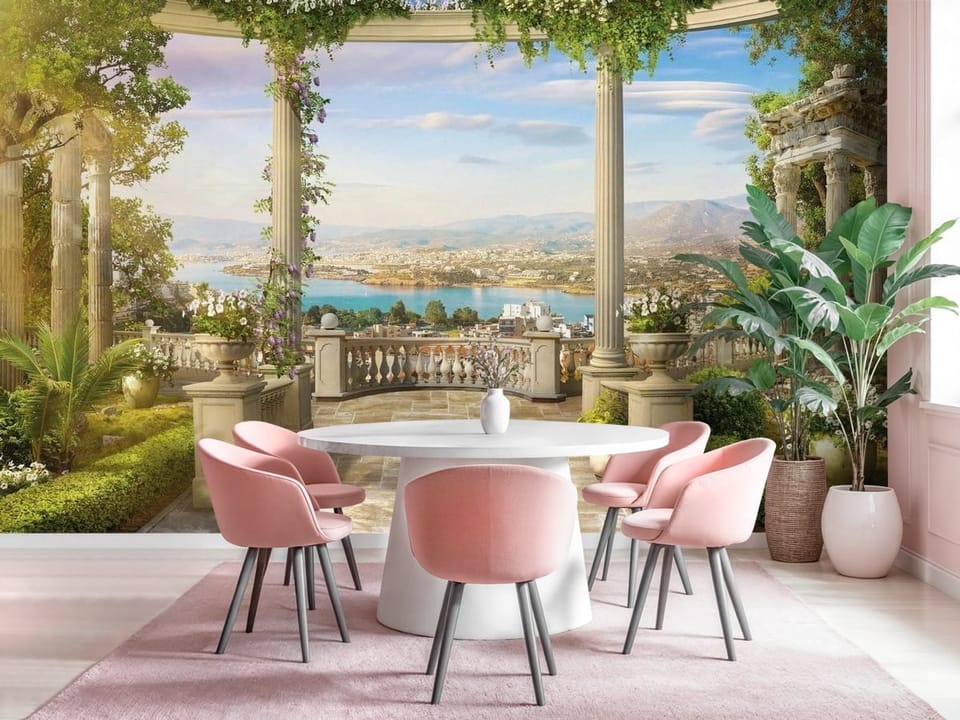 Fototapeta z kolumnowym tarasem, widokiem na miasto i góry - kuchnia w różowych kolorach