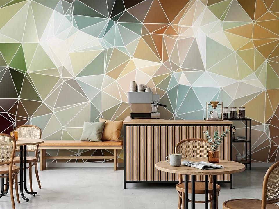 Fototapeta z geometrycznym wzorem trójkątów, różnorodne kolory i białe linie - inspiracja do nowoczesnej kawiarni