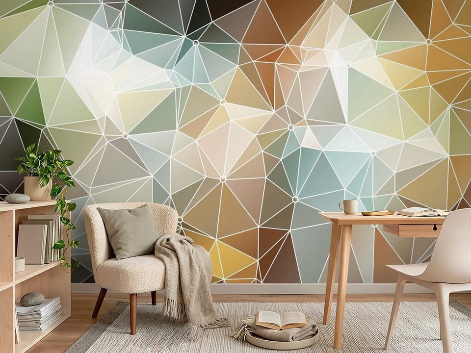 Fototapeta z geometrycznym wzorem trójkątów, różnorodne kolory i białe linie - aranżacja w pokoju nastolatka