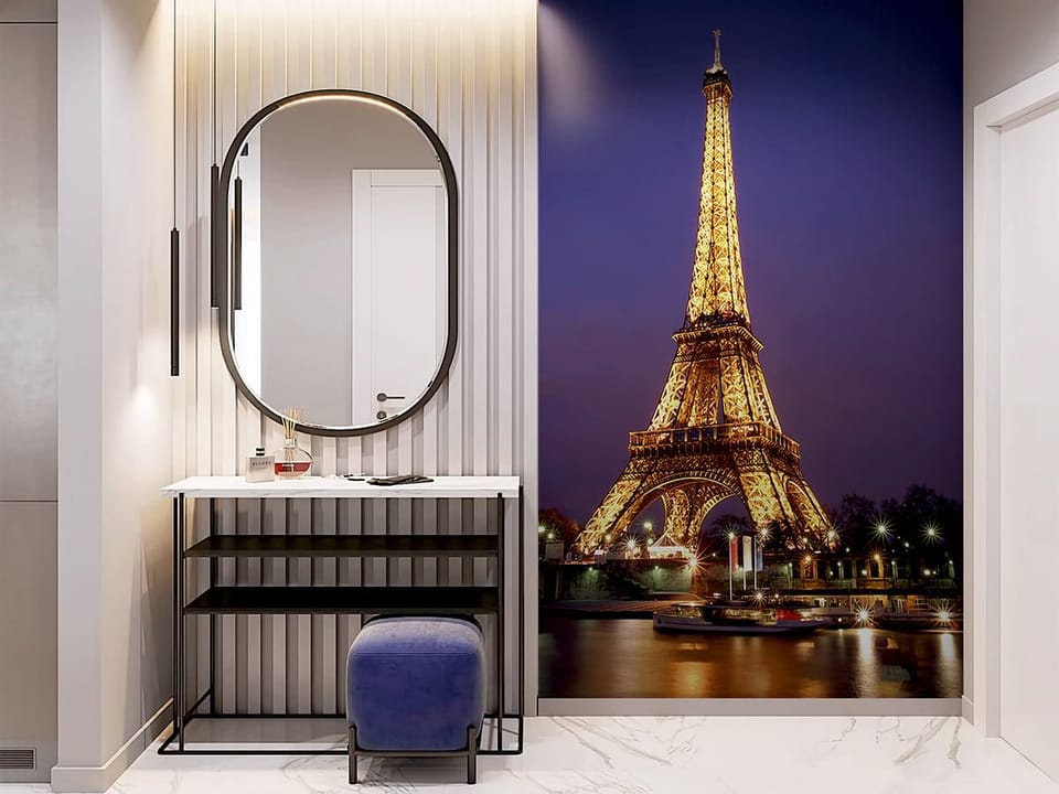 Fototapeta Wieża Eiffla nocą z odbiciem we wnętrzu przedpokoju
