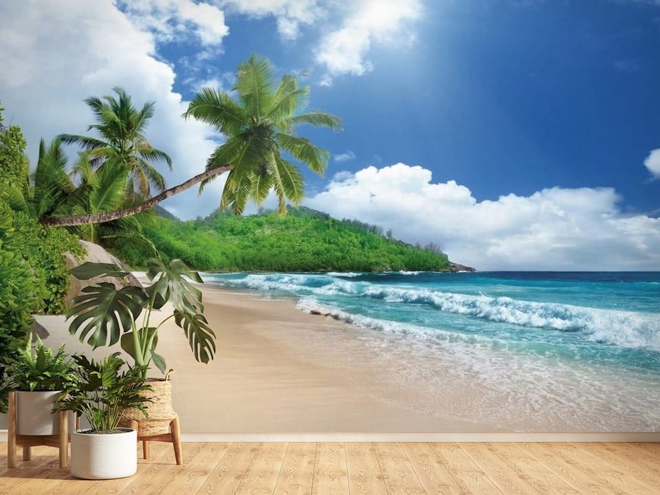 Fototapeta przedstawiająca piaszczystą plażę z palmami i oceanem - ściana w jasnym przedpokoju