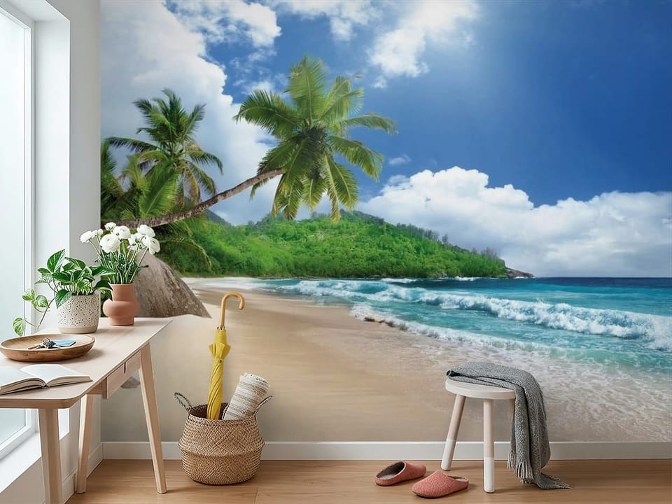 Fototapeta przedstawiająca piaszczystą plażę z palmami i oceanem - widok na ścianę w przedpokoju