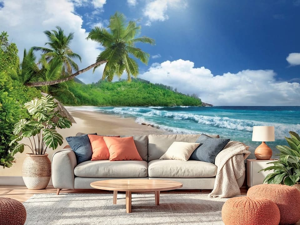 Fototapeta przedstawiająca piaszczystą plażę z palmami i oceanem - nasłoneczniony salon