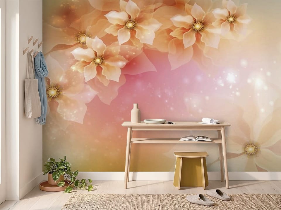Fototapeta z dużymi kwiatami w pastelowych kolorach na delikatnym tle - inspiracja do przytulnego przedpokoju