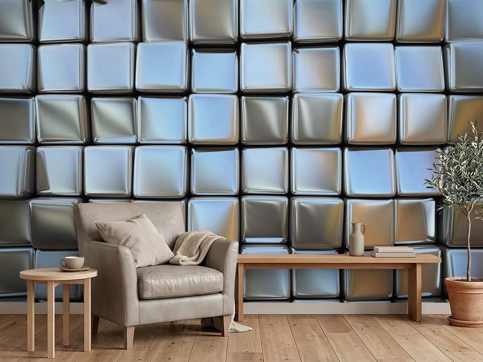 Fototapeta z metalicznymi sześciennymi blokami i refleksami świetlnymi - przytulny kącik w biurze