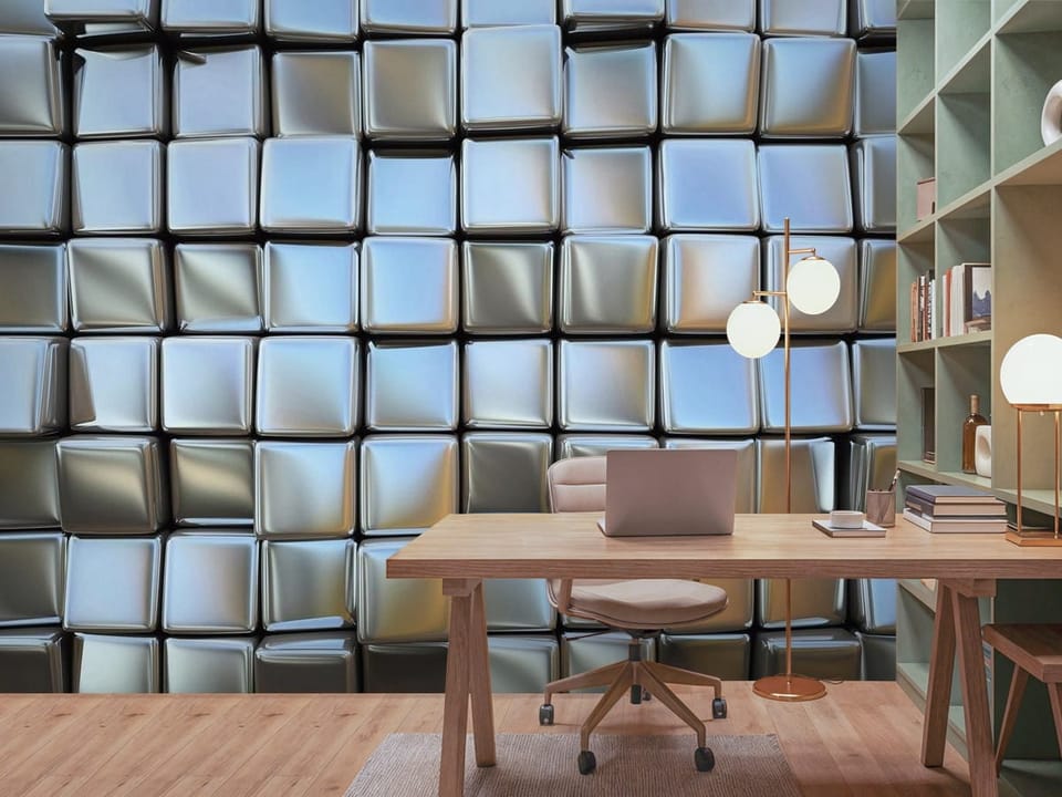 Fototapeta z metalicznymi sześciennymi blokami i refleksami świetlnymi - piękna aranżacja w biurze