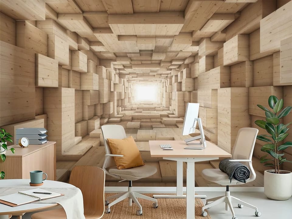 Fototapeta przedstawiająca drewniany tunel z geometryczną strukturą i jasnym światłem - aranżacja biura w jasnych kolorach