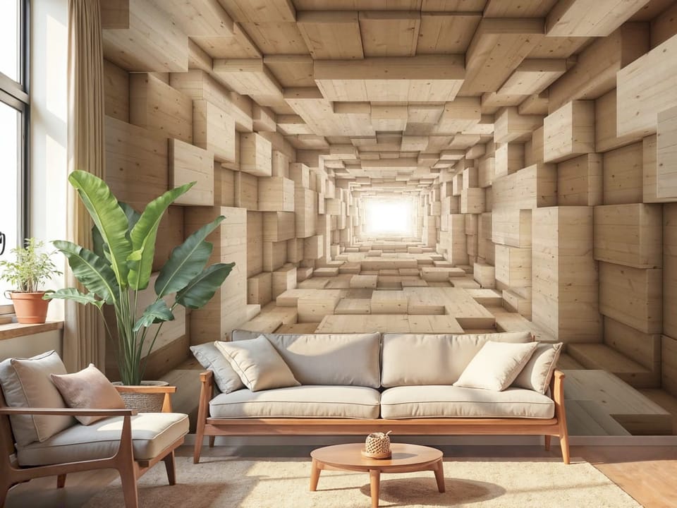 Fototapeta przedstawiająca drewniany tunel z geometryczną strukturą i jasnym światłem - piękna aranżacja w salonie