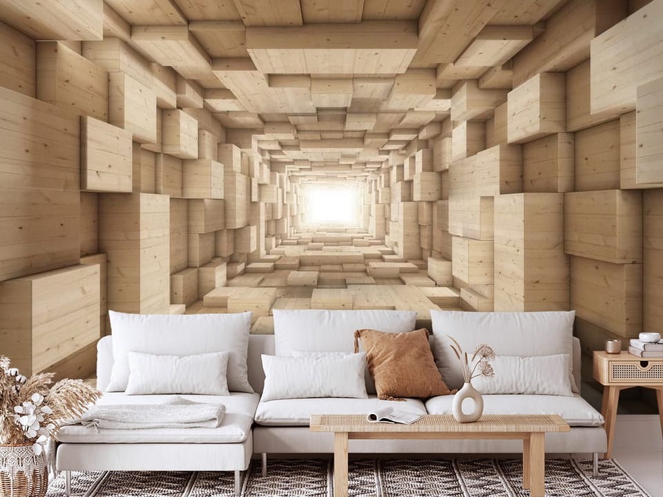 Fototapeta przedstawiająca drewniany tunel z geometryczną strukturą i jasnym światłem - aranżacja głównej ściany w salonie