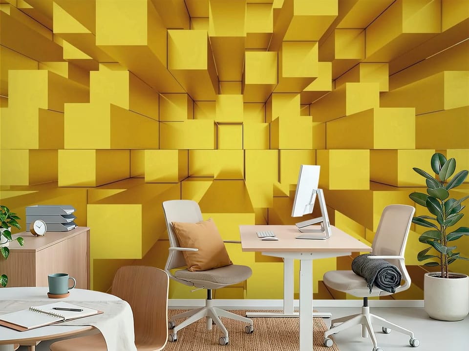 Fototapeta z żółtymi geometrycznymi bryłami 3D na jasnym tle - aranżacja biura w jasnych kolorach