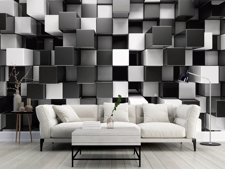 Fototapeta z trójwymiarowymi czarno-białymi kostkami tworzącymi geometryczny wzór - klasyczny salon w szarych kolorach