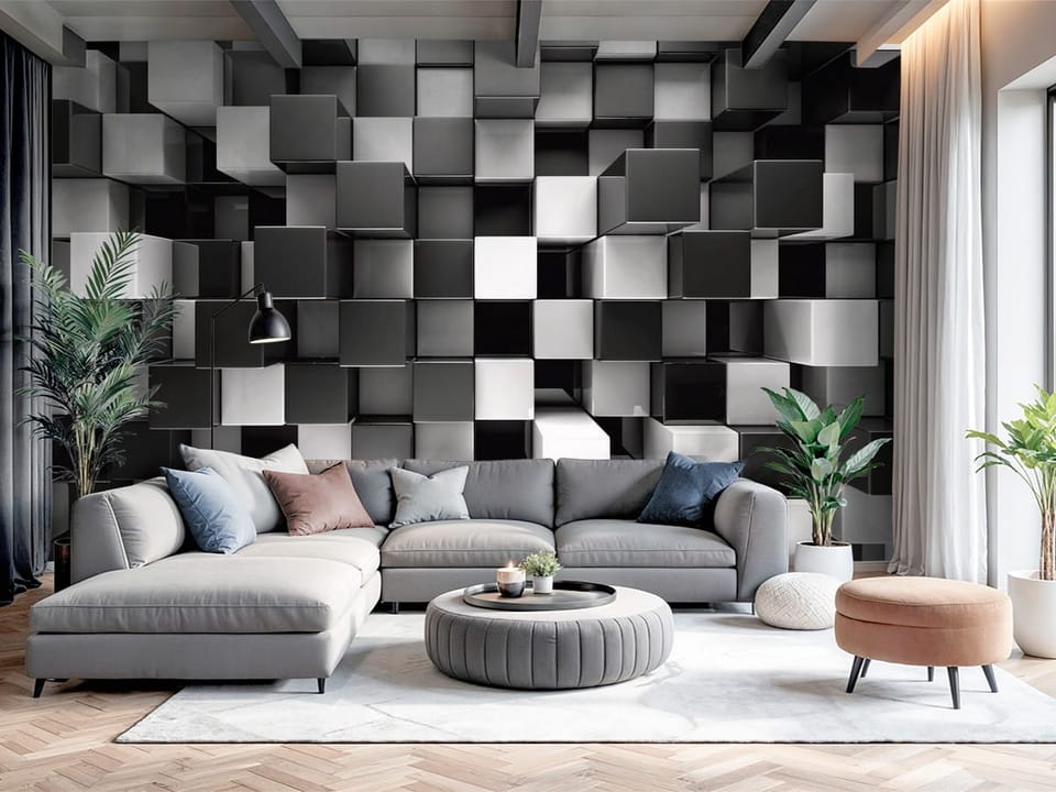 Fototapeta z trójwymiarowymi czarno-białymi kostkami tworzącymi geometryczny wzór - nowoczesny salon z dużą przestrzenią
