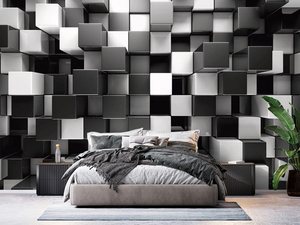 Fototapeta z trójwymiarowymi czarno-białymi kostkami tworzącymi geometryczny wzór - ściana w eleganskiej sypialni