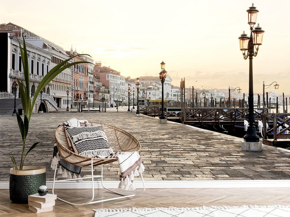 Fototapeta Kamienice przy nabrzeżu o zachodzie we wnętrzu przedpokoju