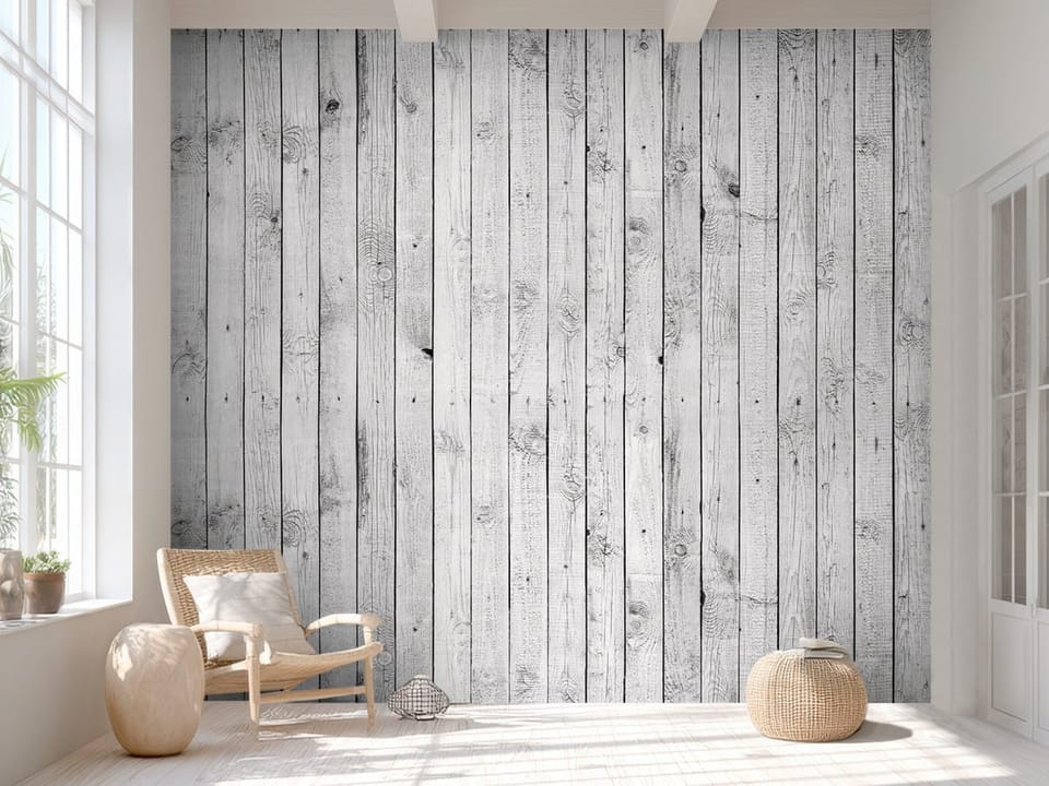 Fototapeta z jasnymi drewnianymi deskami ułożonymi pionowo, z widocznymi słojami - aranżacja minimalistycznego przedpokoju