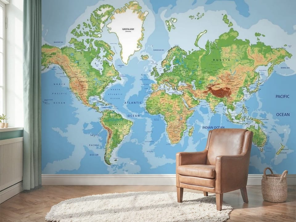 Fototapeta przedstawiająca mapę świata z kontynentami i oceanami - aranżacja przedpokoju