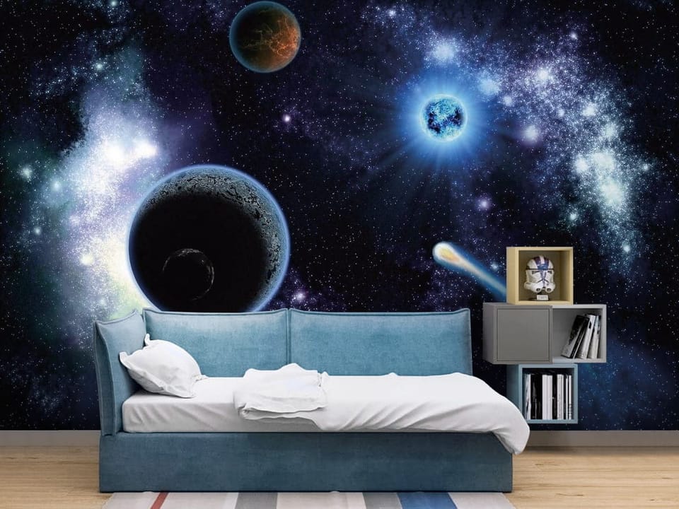 Fototapeta z planetami i kometą w przestrzeni kosmicznej - widok za kanapą w pokoju nastolatka