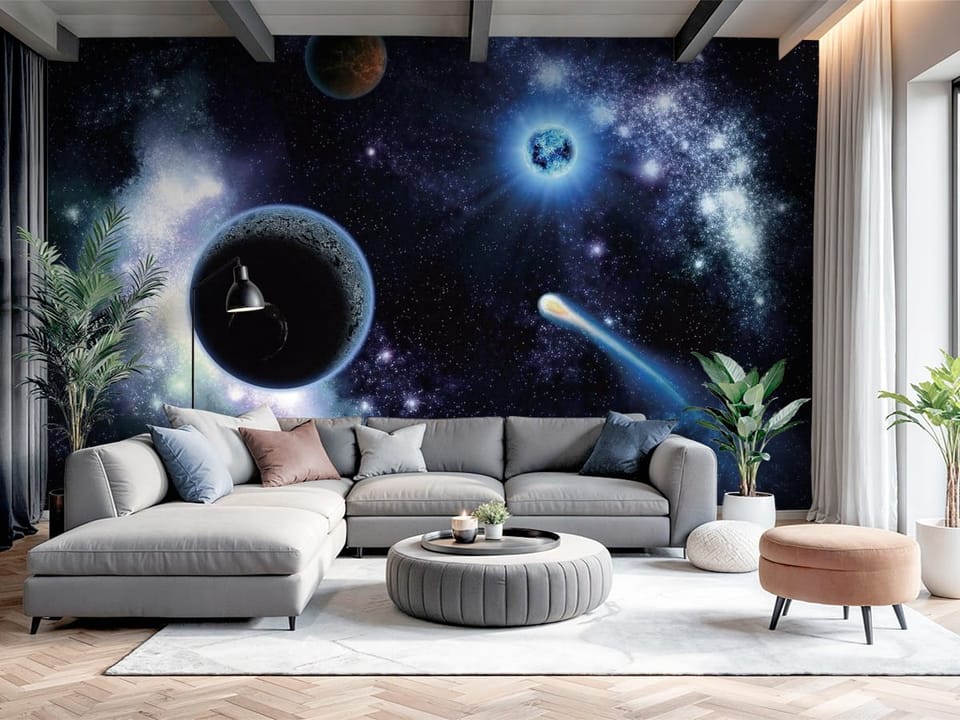 Fototapeta z planetami i kometą w przestrzeni kosmicznej - nowoczesny salon z dużą przestrzenią