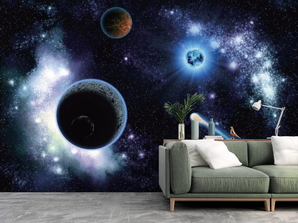 Fototapeta z planetami i kometą w przestrzeni kosmicznej - ściana w salonie z dużą przestrzenią