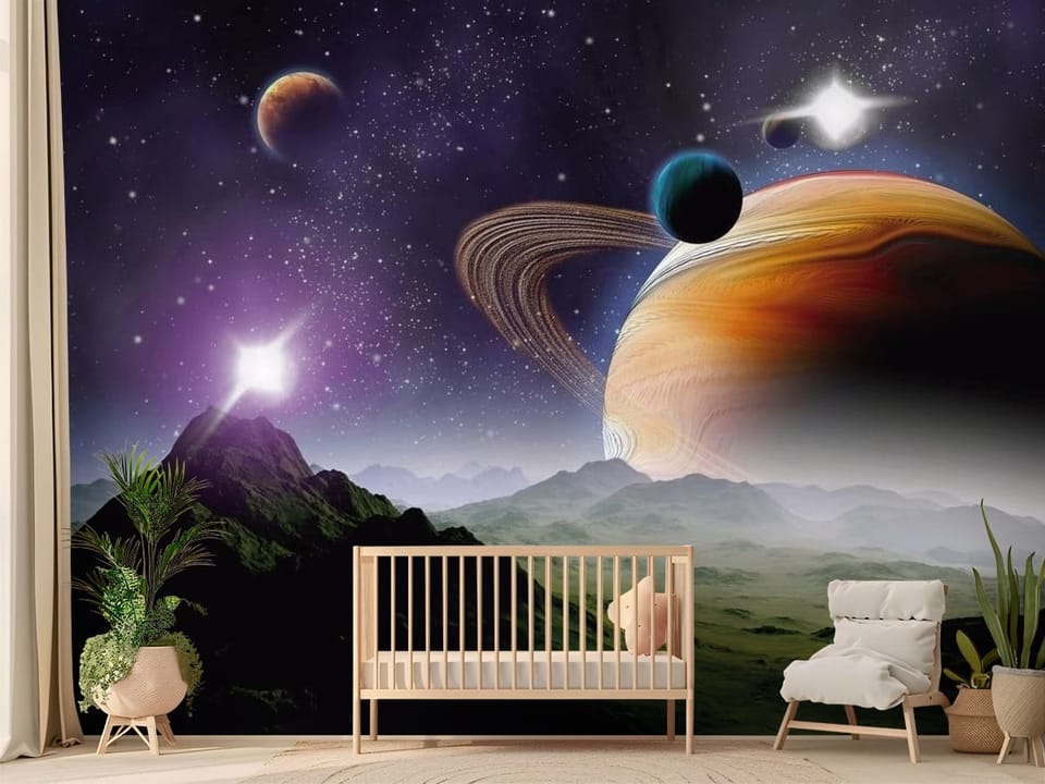 Fototapeta przedstawiająca planetę z pierścieniami na tle gwiazd - nasłoneczniony pokój dziecięcy