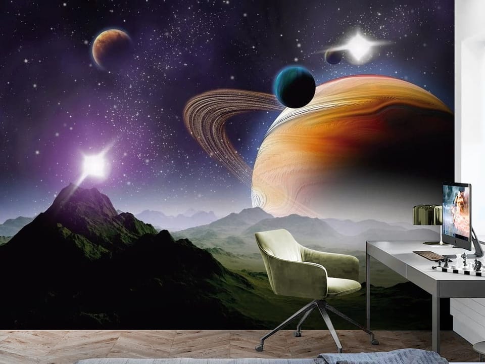 Fototapeta przedstawiająca planetę z pierścieniami na tle gwiazd - aranżacja w minimalistycznym pokoju nastolatka
