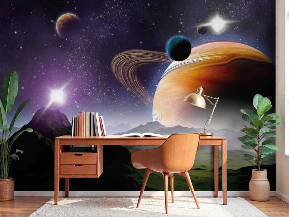 Fototapeta przedstawiająca planetę z pierścieniami na tle gwiazd - przytulne biurko w pokoju nastolatka
