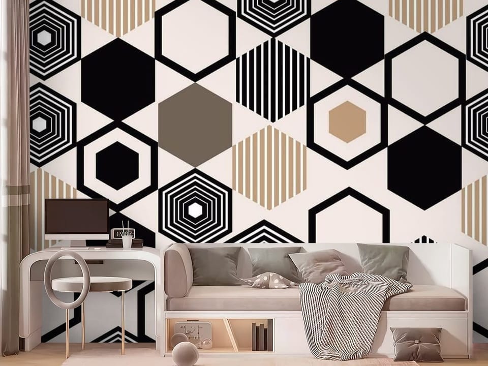 Fototapeta z geometrycznym wzorem heksagonów w czerni i brązie na jasnym tle - nowoczesny pokój nastolatka
