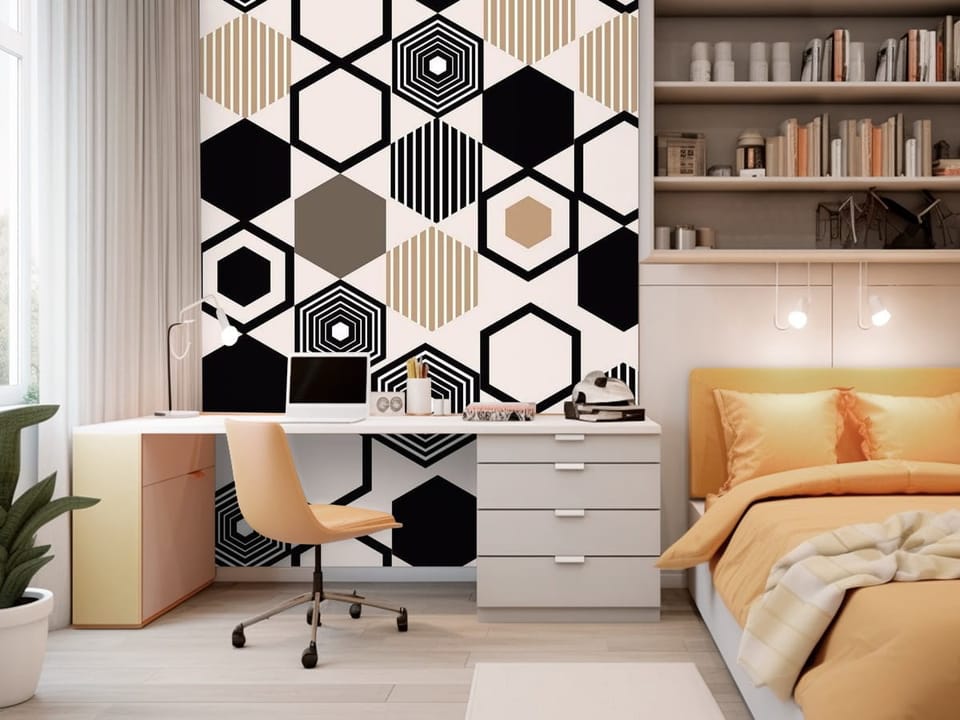 Fototapeta z geometrycznym wzorem heksagonów w czerni i brązie na jasnym tle - ściana w pokoju nastolatka