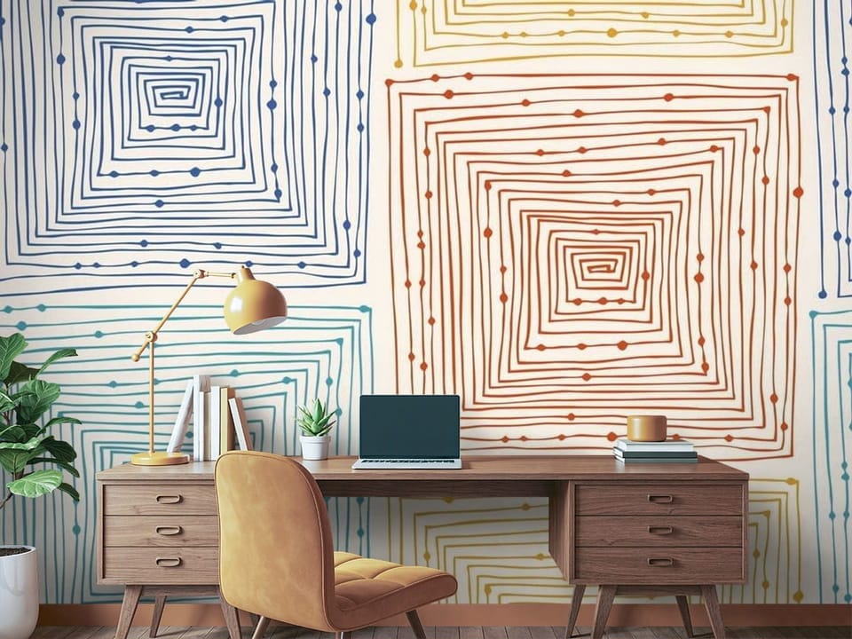 Fototapeta z geometrycznymi wzorami z kwadratów w kolorach niebieskim, czerwonym i żółtym na jasnym tle - biurko w pokoju nastolatka