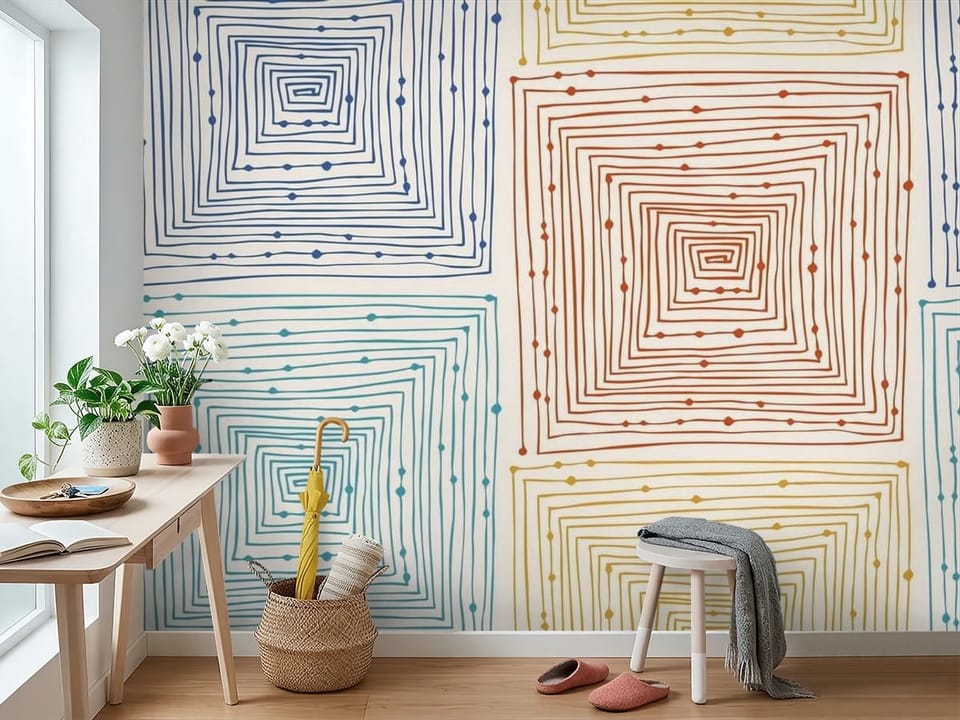 Fototapeta z geometrycznymi wzorami z kwadratów w kolorach niebieskim, czerwonym i żółtym na jasnym tle - widok na ścianę w przedpokoju