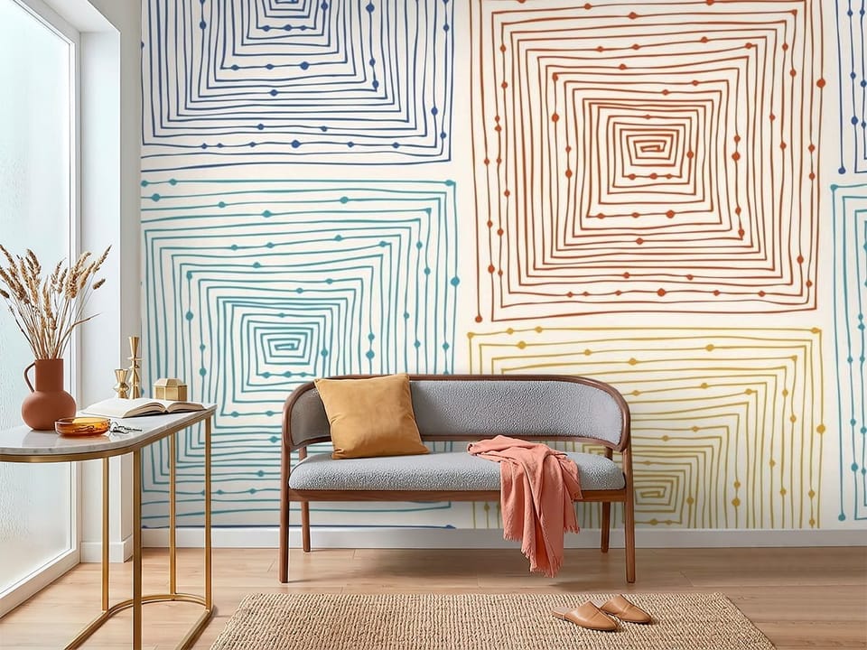 Fototapeta z geometrycznymi wzorami z kwadratów w kolorach niebieskim, czerwonym i żółtym na jasnym tle - inspiracja do nowoczesnego przedpokoju