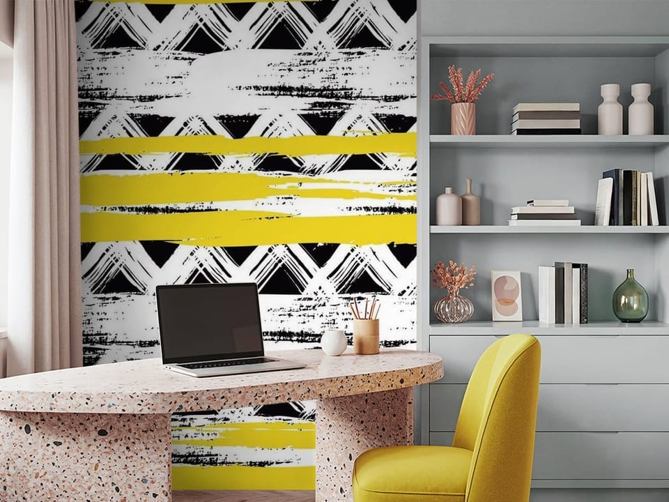 Fototapeta z geometrycznymi wzorami, czarne zygzaki, żółte pasy - piękna inspiracja do biura