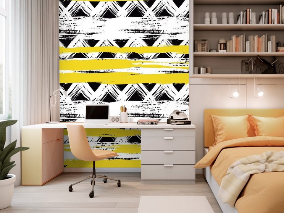 Fototapeta z geometrycznymi wzorami, czarne zygzaki, żółte pasy - ściana w pokoju nastolatka
