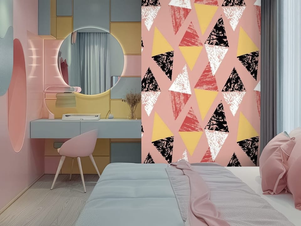 Fototapeta z geometrycznymi wzorami trójkątów w różnych kolorach na różowym tle - ściana w kolorowym pokoju nastolatka