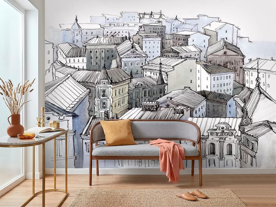 Fototapeta z widokiem na stare miasto i różnorodne dachy - inspiracja do nowoczesnego przedpokoju