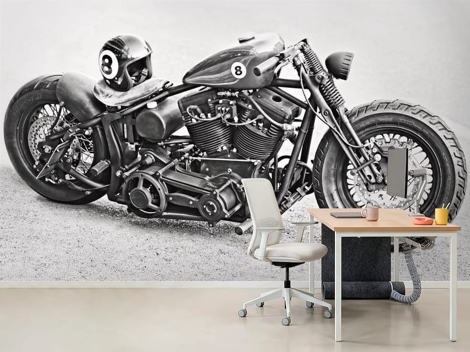 Fototapeta z motocyklem i kaskiem na siedzeniu, duże koła i cylindry - dekoracja ściany w minimalistycznym biurze