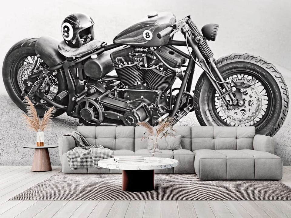 Fototapeta z motocyklem i kaskiem na siedzeniu, duże koła i cylindry - elegancki salon w stylu minimalistycznym