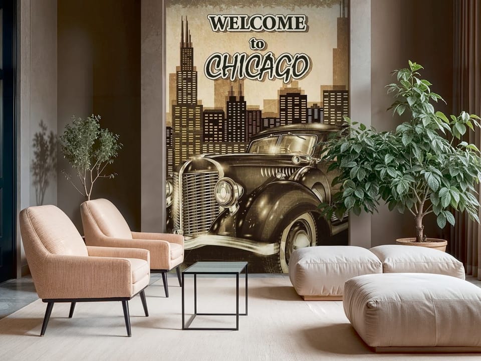 Fototapeta z zabytkowym samochodem na tle panoramy Chicago - nowoczesna ściana w salonie