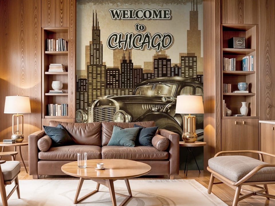 Fototapeta z zabytkowym samochodem na tle panoramy Chicago - przytulny kącik w salonie