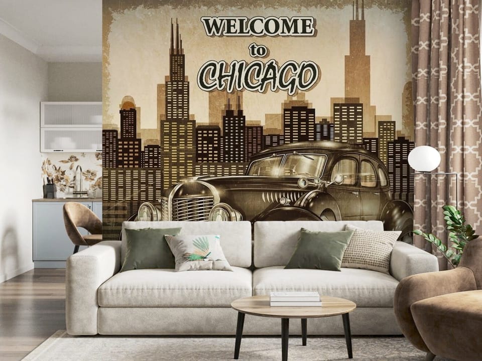 Fototapeta z zabytkowym samochodem na tle panoramy Chicago - ściana akcentowa w pięknym salonie