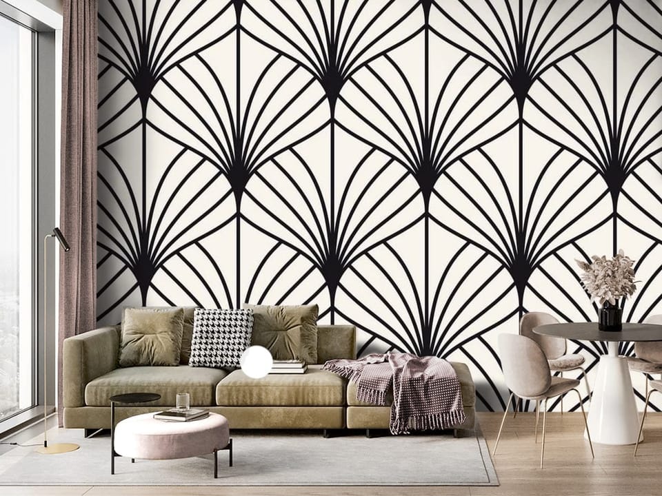 Fototapeta z czarno-białym geometrycznym wzorem w stylu art deco - ściana akcentowa w salonie z dużym oknem