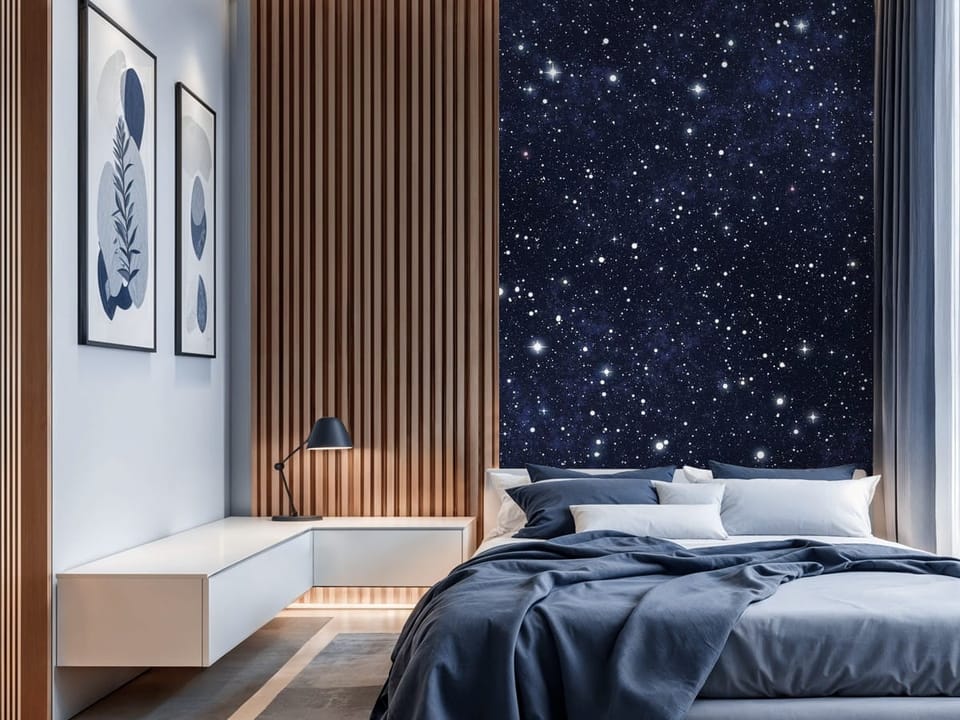 Fototapeta z rozgwieżdżonym nocnym niebem pełnym gwiazd - nowoczesna inspiracja do sypialni