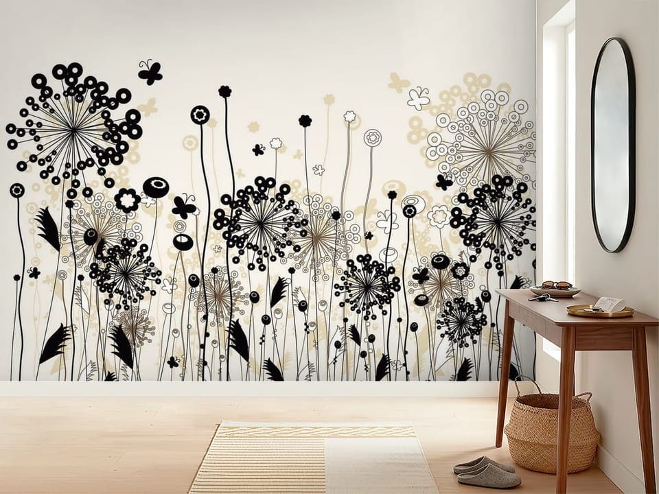 Fototapeta z abstrakcyjnymi kwiatami i łodygami na jasnym tle - inspiracji do minimalistycznego przedpokoju